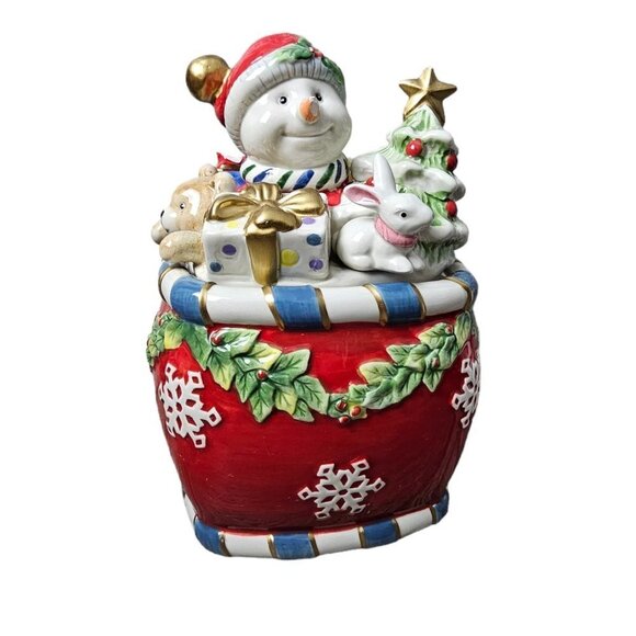 Fitz and Floyd Holiday Snowman Cookie/Candy Lidded Ceramic Jar - Picture 1 of 10